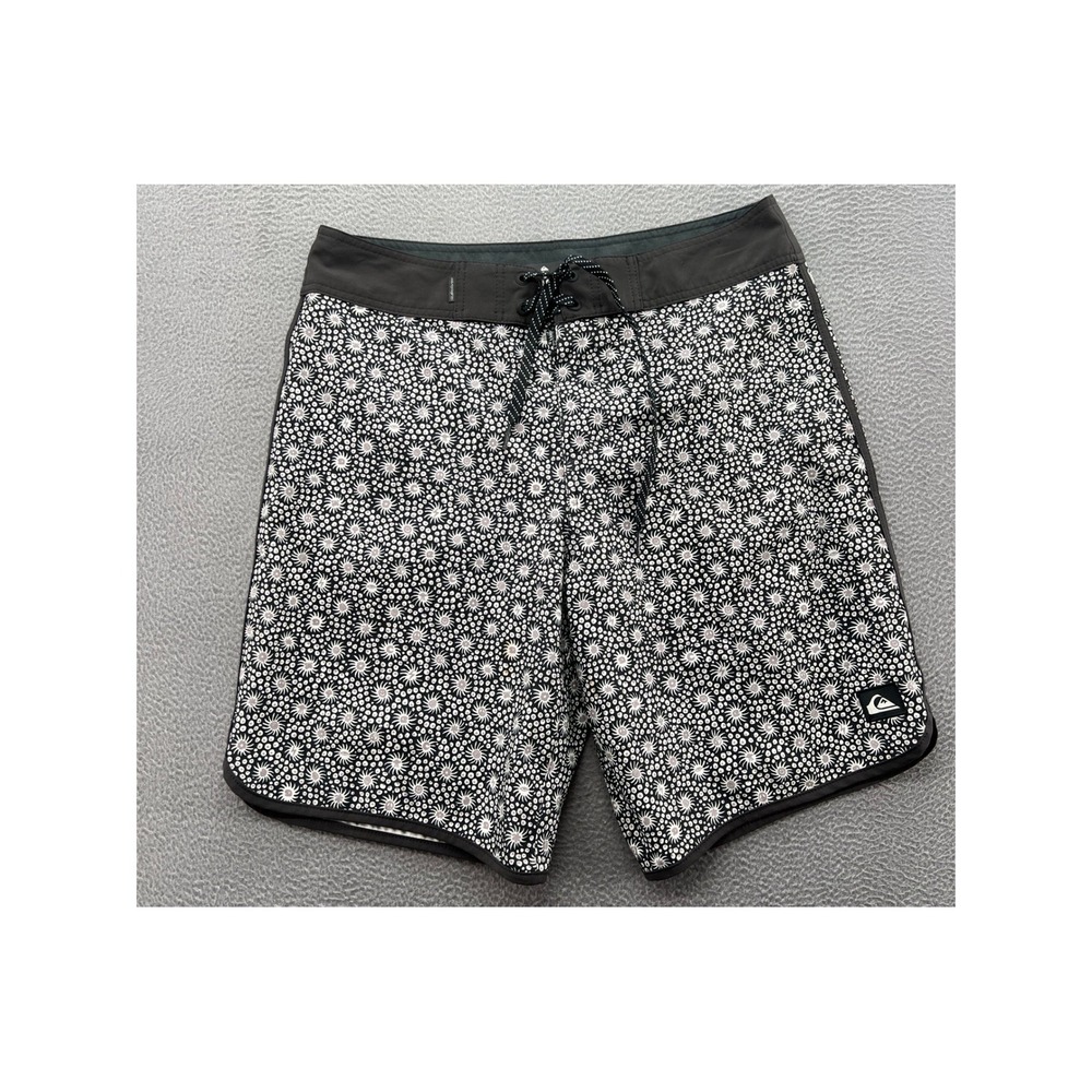 Quiksilver Board Shorts Mens 30 Black White Sun Dot Print Swim Trunks SurfSilk